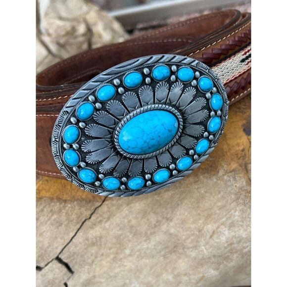 TURQUOISE LARGE CONCHO T-bird WESTERN SILVER BELT ADJUSTABLE BUCKLE MEN WOMEN - Picture 2 of 11